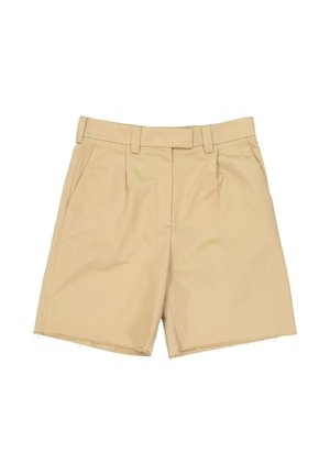 Beige katoenen shorts met riemlussen, voorzakken en onafgewerkte zoomdetails.