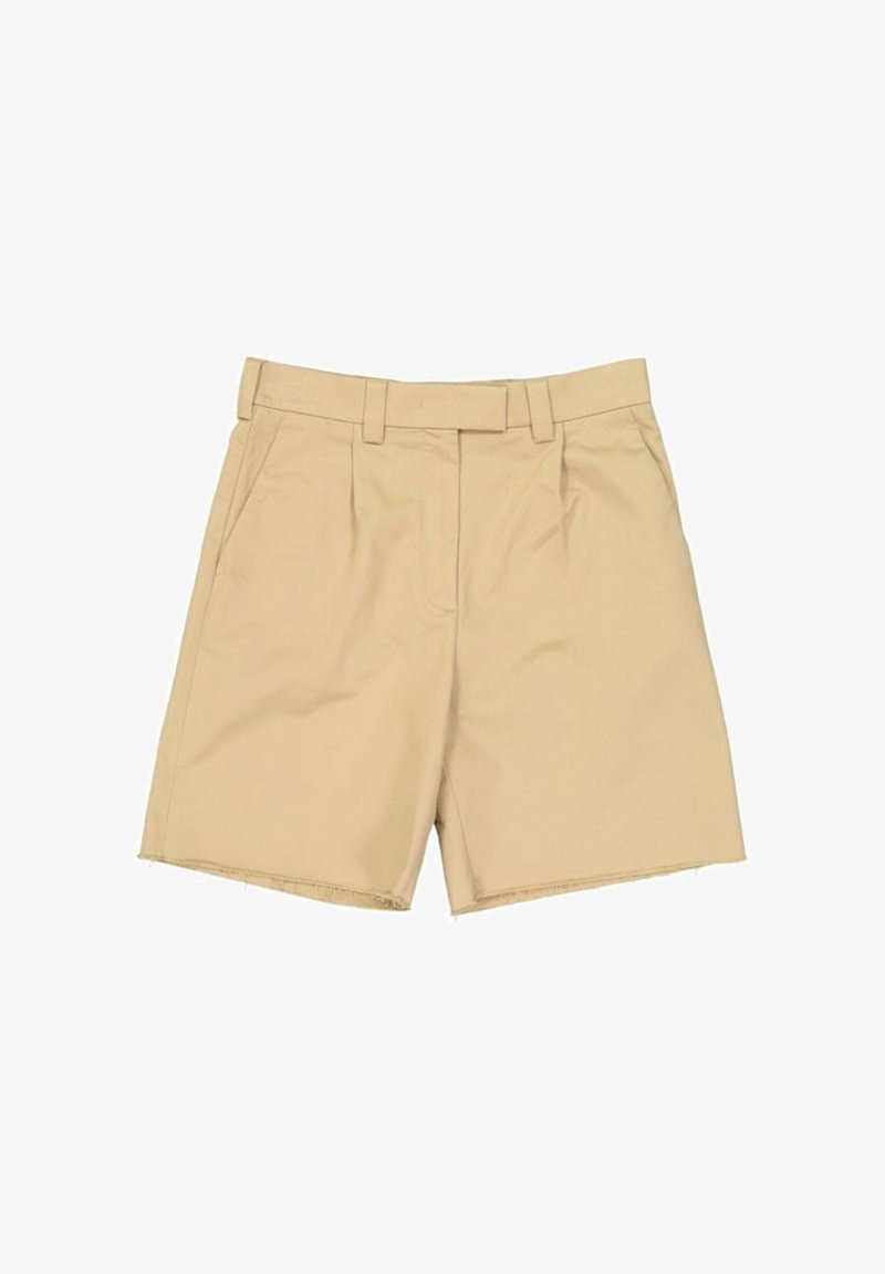 Short en coton beige avec passants de ceinture, poches avant et finitions d'ourlet brut.