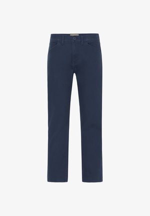 Tumši zili kokvilnas bikses ar taisnu griezumu, ar priekšējām kabatām un pogas aizdari. Gluda tekstūra un minimālas šūšanas detaļas.