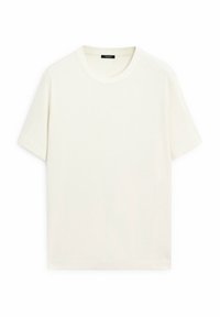 En enkel avfärgad kortärmad t-shirt med rund halsringning och en synlig svart etikett inuti kragen på en vit bakgrund.