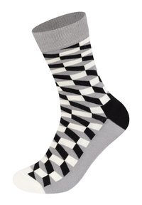 Chaussette à motif noir, blanc et gris avec un design géométrique ; bord côtelé ; talon et orteil renforcés ; fabriquée à partir d'un matériau doux et extensible.