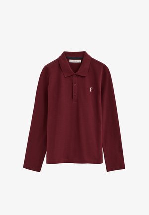 Polo manches longues bordeaux avec col, trois boutons, et petit logo de joueur de polo blanc sur la poitrine gauche.