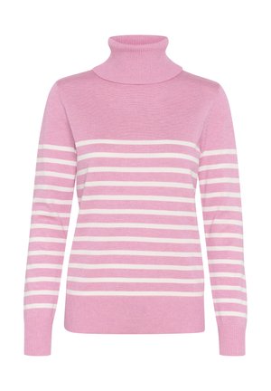 Pulover roz cu guler înalt, decorat cu dungi orizontale albe, cu manșete și tiv cu nervuri, textură moale și o siluetă ajustată.