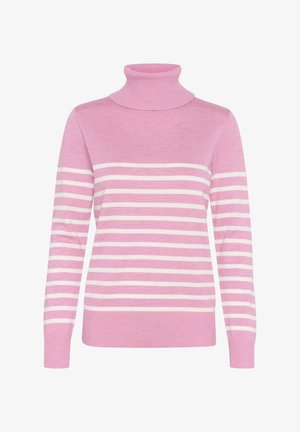 Rosa Rollkragensweater mit horizontalen weißen Streifen, gerippten Bündchen und Saum, weichem Material und taillierter Silhouette.