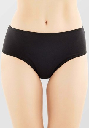 Slip nero a vita alta realizzato in tessuto elastico e liscio. Presenta un design semplice senza motivi o decorazioni visibili.