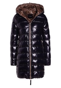 Puffig, glansig marinblå dunjacka med dragkedja, huva och brunt foder. Har horisontellt quiltat mönster och sidofickor.