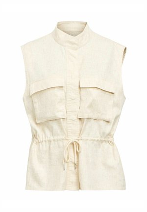 Gilet in lino beige senza maniche con collo alto, due tasche anteriori con patta e coulisse regolabile in vita.