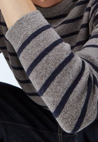 Maglione grigio lavorato a maglia con strisce navy, caratterizzato da un collo rotondo e una texture morbida. La vista si concentra sul polsino e sul braccio.
