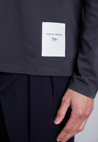Camicia in cotone grigia a maniche lunghe con una toppa logo bianca con "TIGER OF SWEDEN" e una piccola grafica di una tigre. Texture morbida, vestibilità regolare.