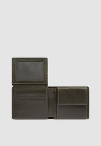 Dark green leather wallet with a smooth texture, featuring a clear ID slot, multiple card slots, and a side pocket. Compact design.