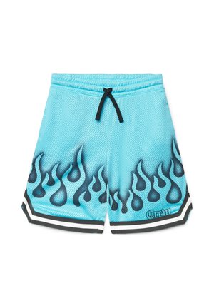 Pantaloncini sportivi in rete azzurro chiaro con motivi di fiamme nere lungo l'orlo, rifinitura a strisce nere e bianche, e coulisse nera in vita.