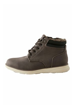Braune Leder-Stiefeletten mit strukturiertem Finish, versehen mit einem Kunstfellkragen, sechs Ösen und einer cremefarbenen Gummisohle.