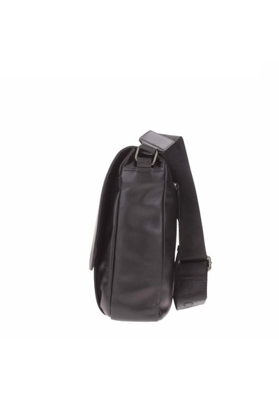 Black leather shoulder bag with a smooth texture, flat shape, adjustable strap, and metal hardware accents. Minimalist design, no visible patterns.