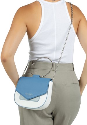 Blue and white leather handbag with a structured shape, textured finish, silver chain strap, and a circular metal accent on the top.