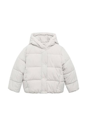 Giacca trapuntata in grigio chiaro, dotata di cappuccio, bottoni a pressione e texture trapuntata con design corto e orlo elasticizzato.