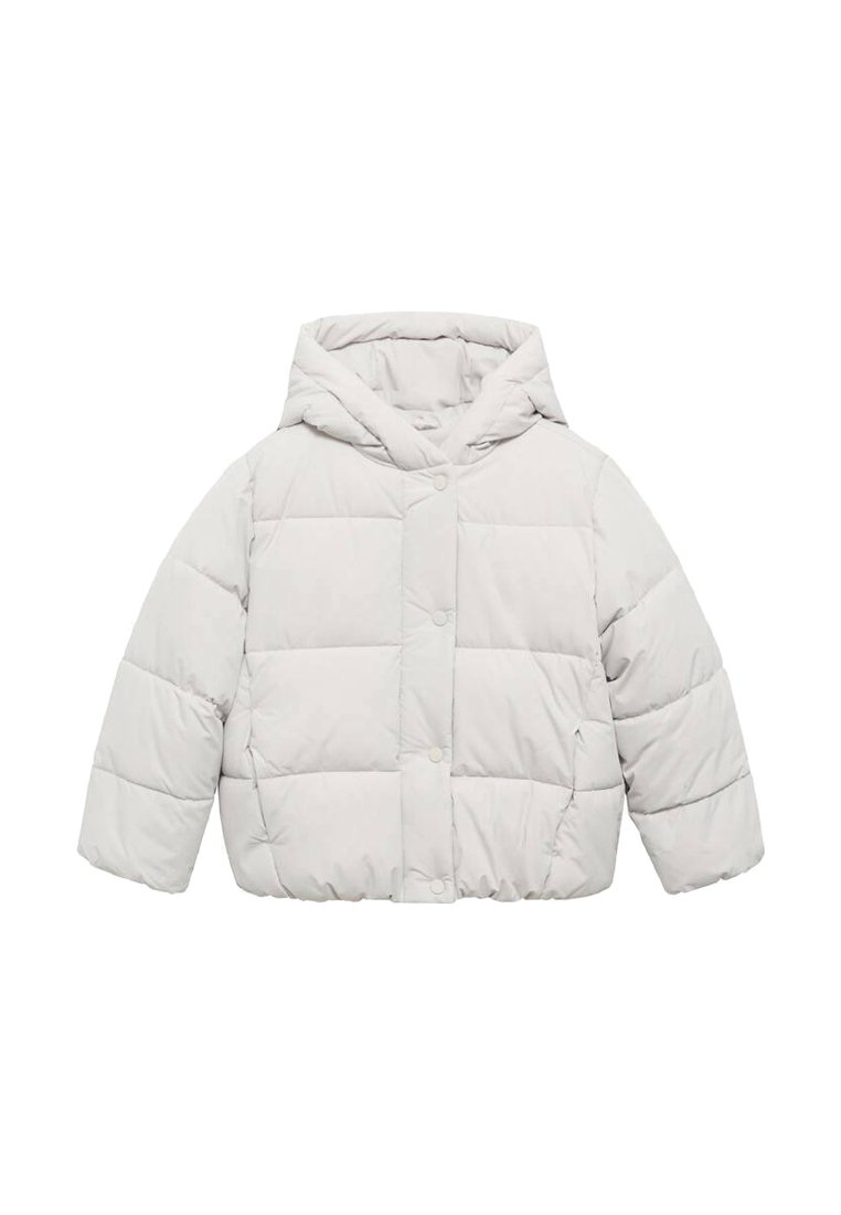 Veste en duvet gris clair, avec une capuche, des boutons-pression et une texture matelassée, au design court et avec un ourlet élastiqué.