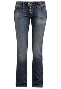 Tmavě modré džíny s rovnými nohavicemi, s vybledlým odstínem, pěti kapsami, knoflíkovým zapínáním a kontrastním prošíváním na pase.