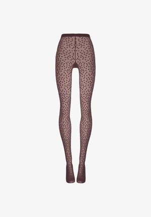 Collants marron à pois avec un matériau translucide, un design ajusté et une ceinture sans couture, mettant en valeur les jambes avec des motifs texturés.