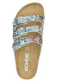 Sandali Rohde con tre fibbie regolabili in tonalità argento. La tomaia presenta un motivo di pietre colorate su uno sfondo azzurro chiaro. Sottopiede in suede.