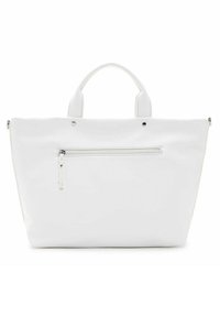 Sac en cuir blanc avec deux poignées courtes, de forme rectangulaire, un compartiment avant zippé et un travail de texture en surface.
