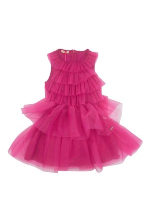 Pink tulle dress featuring layered ruffles, sleeveless design, and a back zipper closure. Soft, lightweight fabric with a voluminous skirt.
