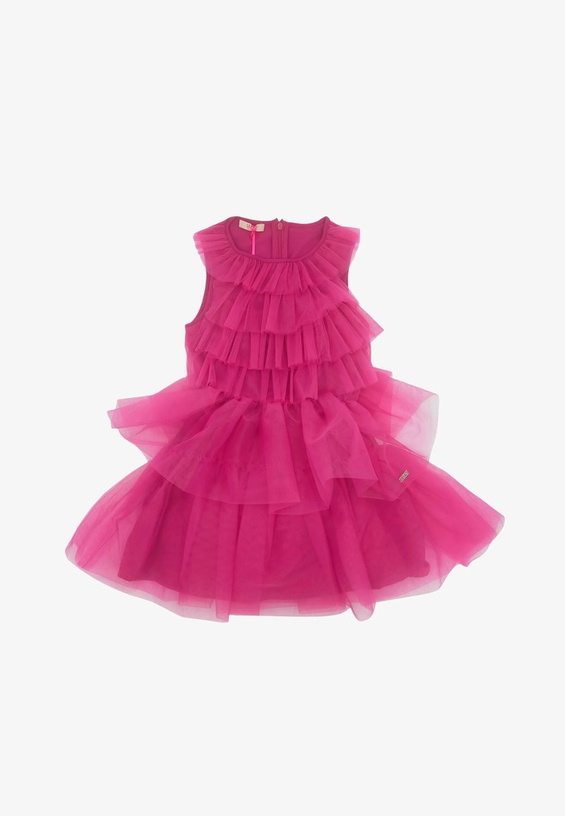 Robe en tulle rose avec des volants superposés, sans manches et fermeture éclair au dos. Tissu doux et léger avec une jupe volumineuse.