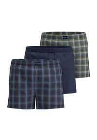 Tres pares de bañadores: uno azul oscuro, uno de cuadros verdes y uno de cuadros marinos, todos con cinturillas elásticas y fabricados con un tejido ligero.