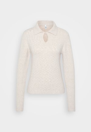 Light beige knitted sweater featuring a collared neckline, a keyhole detail at the chest, and long sleeves with ribbed cuffs.