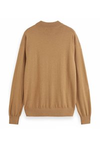 Brown knit sweater with a ribbed crew neck and long, gently puffed sleeves. Features a fitted waistband and soft texture.