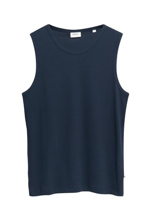 Granatowy, bezrękawnik z okrągłym dekoltem, prostym dołem i metką marki s.Oliver na wewnętrznej stronie kołnierza.