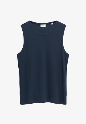 Granatowy, bezrękawnik z okrągłym dekoltem, prostym dołem i metką marki s.Oliver na wewnętrznej stronie kołnierza.
