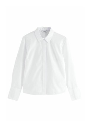 White long-sleeve collared shirt with concealed button placket and fitted cuffs, displayed flat on a white background.