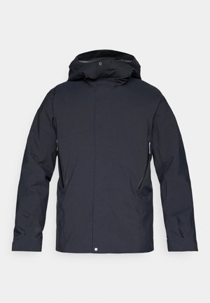 Water-resistant navy jacket with a hood, featuring two zippered pockets, a straight cut, and minimalistic design. Smooth texture.