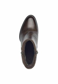 Bota de cuero marrón hasta el tobillo con punta afilada, acabado texturizado, cierre de cremallera lateral y un interior forrado suave.