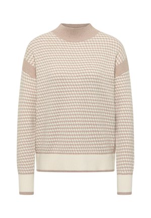 Beige gemusterter Pullover mit hohem Kragen, gerippten Bündchen und Saum. Verfügt über ein strukturiertes Design mit abwechselnd soliden und gepunkteten Mustern.
