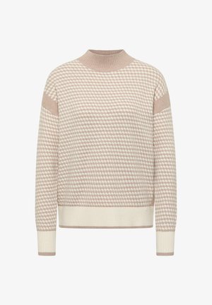 Beige gebreide trui met een hoge halslijn, geribbelde boorden en onderzoom. Heeft een gestructureerd design met afwisselend effen en gestippelde patronen.
