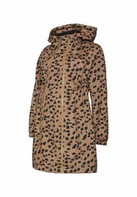 Long manteau marron à capuche avec des taches noires irrégulières, fermeture éclair à l'avant, poignets élastiques et cordons de serrage réglables à la taille.