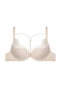 Beżowy stanik koronkowy z półprzezroczystymi miseczkami, kwiecistym wzorem i lekkim wypełnieniem. Regulowane ramiączka i centralne zdobienia podkreślają design.