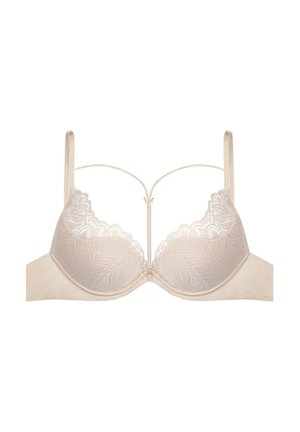 Beżowy stanik koronkowy z półprzezroczystymi miseczkami, kwiecistym wzorem i lekkim wypełnieniem. Regulowane ramiączka i centralne zdobienia podkreślają design.