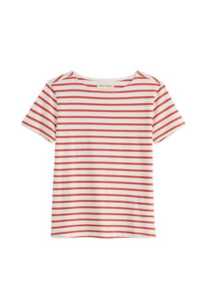 Wit shirt met korte mouwen, gelijkmatig verdeelde horizontale rode strepen en een ronde halslijn.