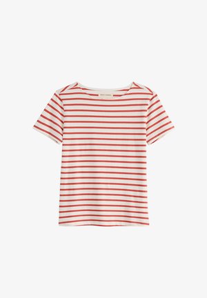 Wit shirt met korte mouwen, gelijkmatig verdeelde horizontale rode strepen en een ronde halslijn.