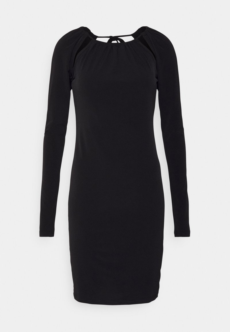 Vestido preto de manga longa com silhueta ajustada, ombros franzidos e costas em forma de olho-chave com fechamento de laço, feito de tecido elástico.