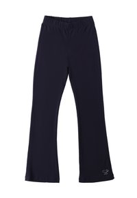 Donkerblauwe, rekbare broek met een elastische tailleband, uitlopende broekspijpen en een klein logo detail nabij de zoom. Gladde stofstructuur.