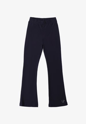 Pantalones elásticos de color azul marino, con una cintura elástica, piernas acampanadas y un pequeño detalle de logo cerca del dobladillo. Textura de tela suave.