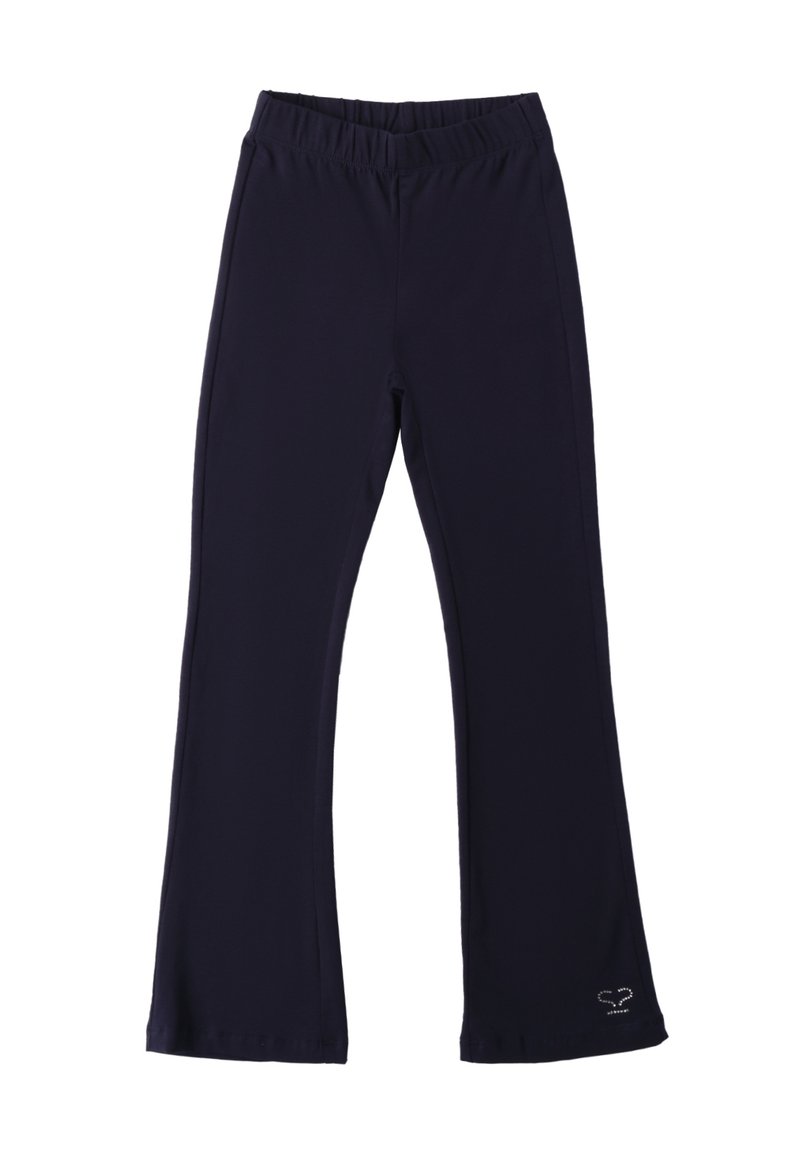 Donkerblauwe, rekbare broek met een elastische tailleband, uitlopende broekspijpen en een klein logo detail nabij de zoom. Gladde stofstructuur.