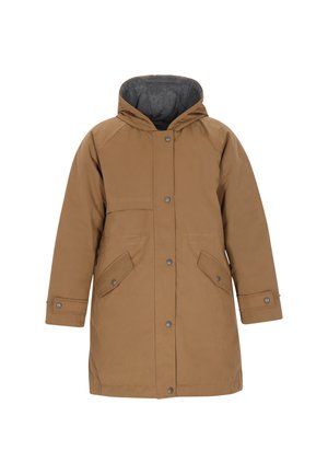 Parka marrone con cappuccio, dotata di una fodera grigia, due tasche frontali con pattina e chiusura a snap. Realizzata in un materiale liscio e resistente alle intemperie.