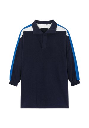 Chemise de rugby à manches longues bleu marine avec des rayures bleu clair et blanches sur les épaules et les manches, dotée d'un col plat et de poignets élastiques.