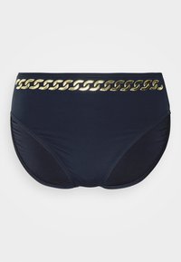 Parte de baixo de biquíni azul marinho feita de tecido texturizado, apresentando um detalhe em corrente dourada ao longo da cintura. Corte regular e design ajustado.