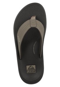 Tongs noires avec un semelle texturée, des brides en caoutchouc grises et un détail de couture. Comprend une semelle rembourrée et une empreinte de logo.