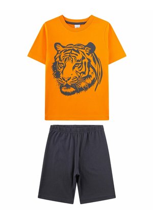 Orange short-sleeve shirt with a black tiger face graphic paired with plain black elastic waistband shorts.